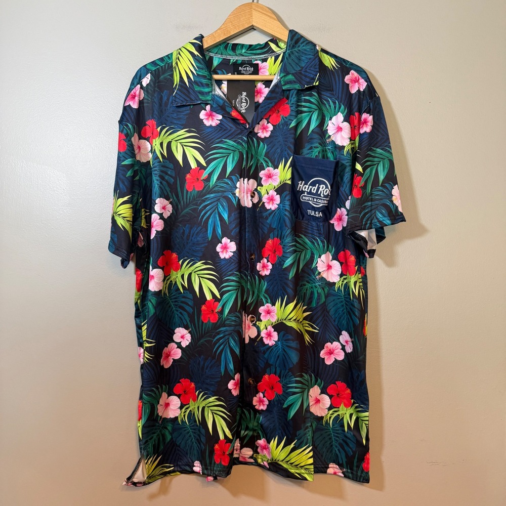 Hard Rock Hotel Casino Tulsa Mens Large Tropical Hibiscus Floral Camp Shirt NWT